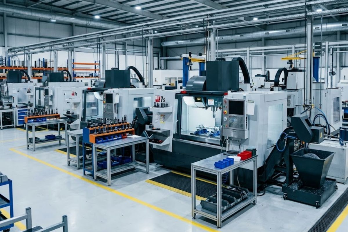 Modern manufacturing floor with industrial equipment